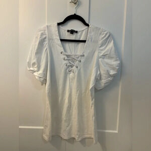 Boston Proper Lace Up Solid White Criss Cross V Neck Blouse Black Puff Sleeve M